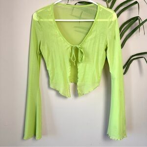Sheer Light Green Flare Sleeve Tie Cardigan